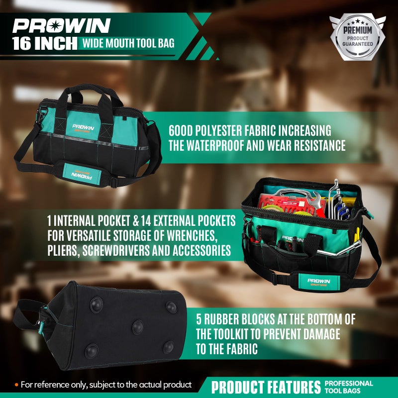 Prowin 16-inch Wide Mouth Tool Bag Multi-pocket Tool Organizer with Adjustable Shoulder Strap, Tool Tote Bag for Men - Image 4